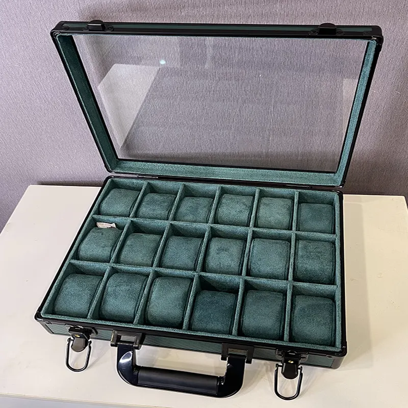 18 Slots  Watch Organizer Box Dark Green High Materials Top Glass Window